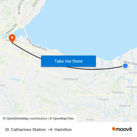 St. Catharines Station to Hamilton map