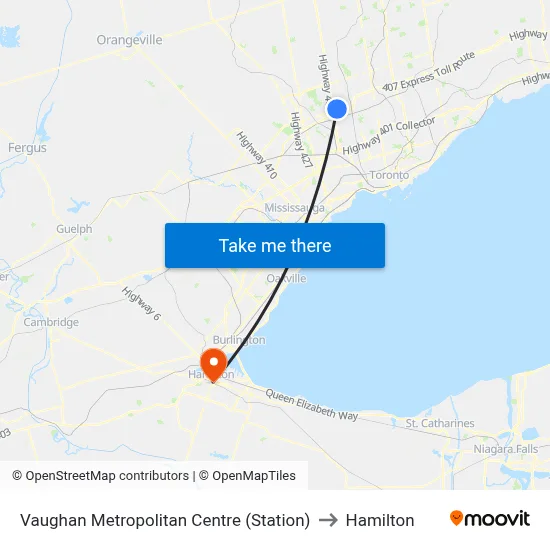 Vaughan Metropolitan Centre (Station) to Hamilton map