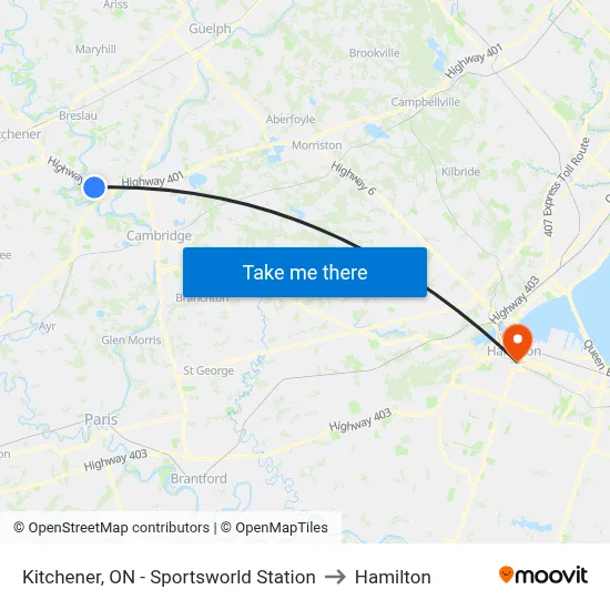 Kitchener, ON - Sportsworld Station to Hamilton map