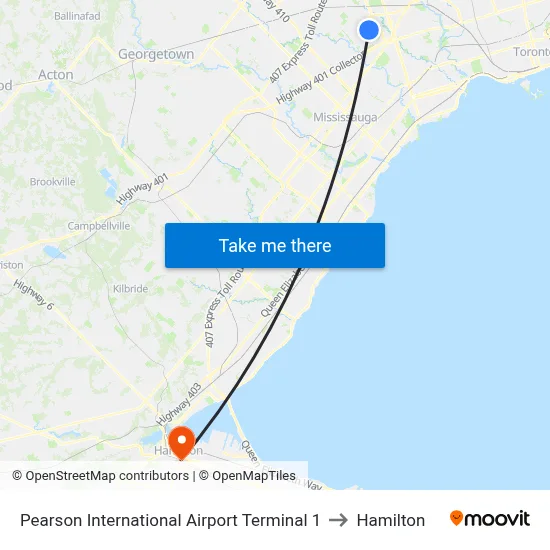 Pearson International Airport Terminal 1 to Hamilton map