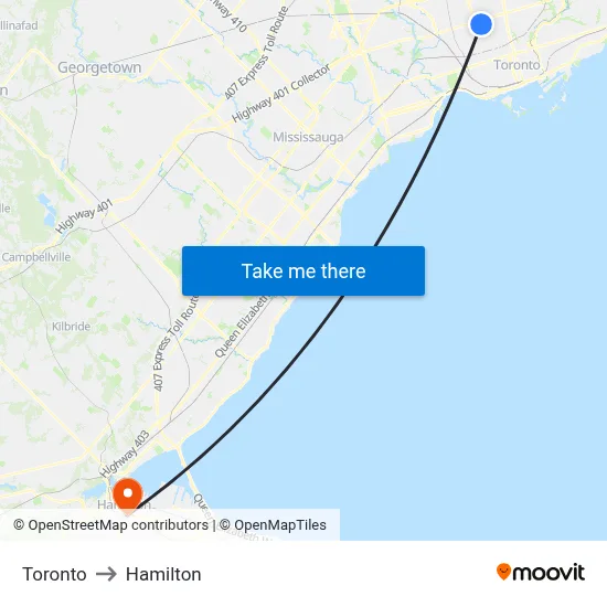 Toronto to Hamilton map