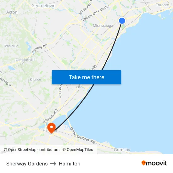Sherway Gardens to Hamilton map