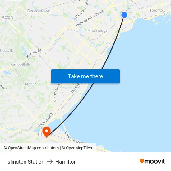 Islington Station to Hamilton map