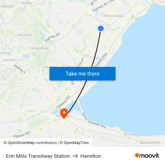 Erin Mills Transitway Station to Hamilton map