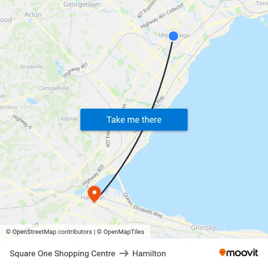 Square One Shopping Centre to Hamilton map