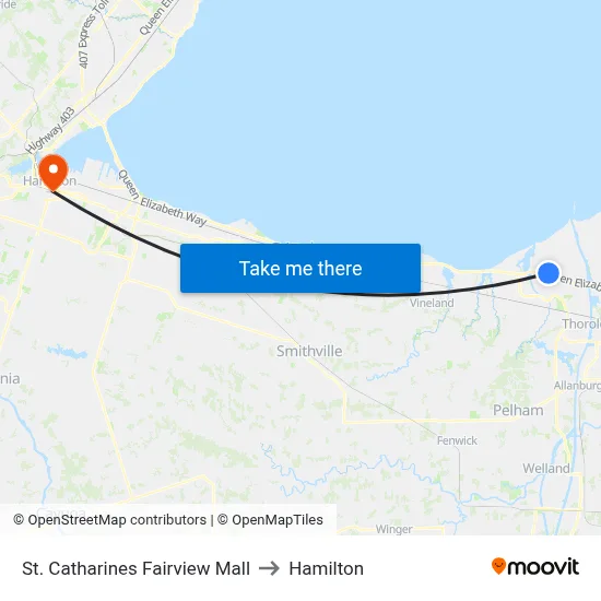 St. Catharines Fairview Mall to Hamilton map