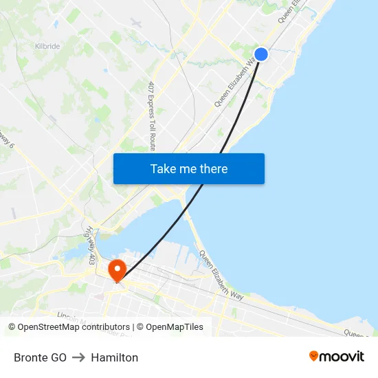 Bronte GO to Hamilton map