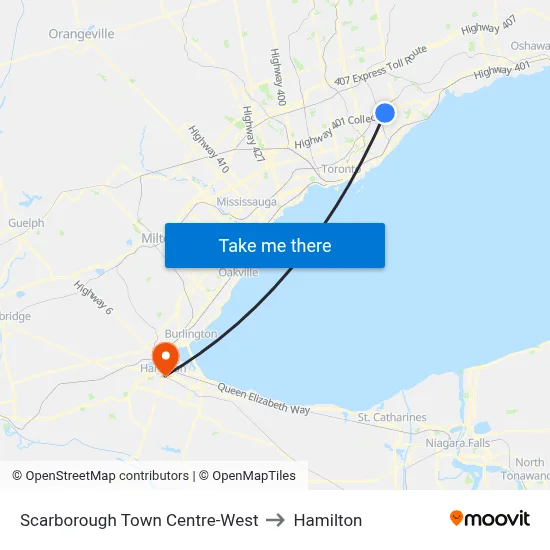 Scarborough Town Centre-West to Hamilton map