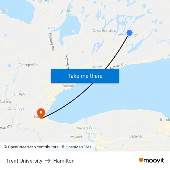 Trent University to Hamilton map