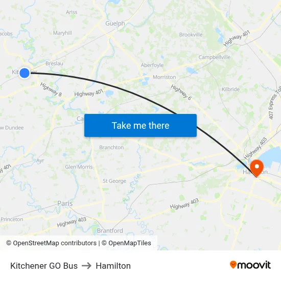 Kitchener GO Bus to Hamilton map