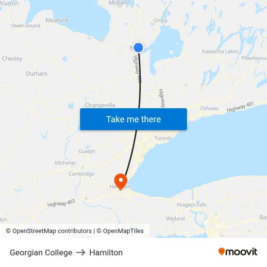Georgian College to Hamilton map
