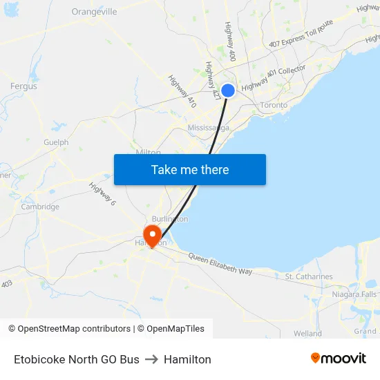 Etobicoke North GO Bus to Hamilton map