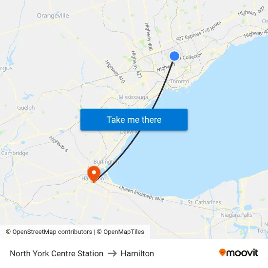 North York Centre Station to Hamilton map