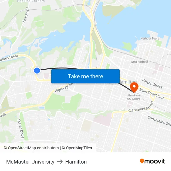 McMaster University to Hamilton map