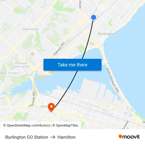 Burlington GO Station to Hamilton map