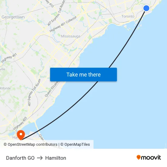 Danforth GO to Hamilton map