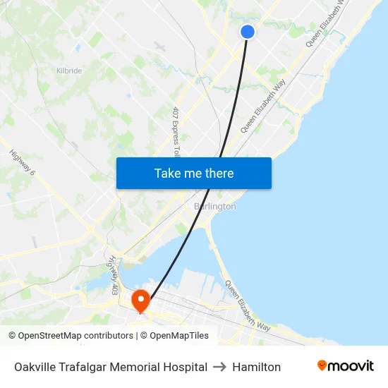 Oakville Trafalgar Memorial Hospital to Hamilton map