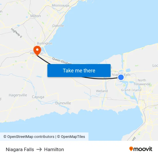 Niagara Falls to Hamilton map