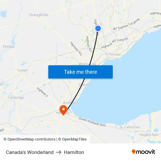 Canada’s Wonderland to Hamilton map