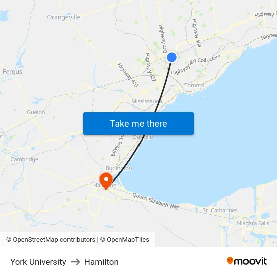 York University to Hamilton map