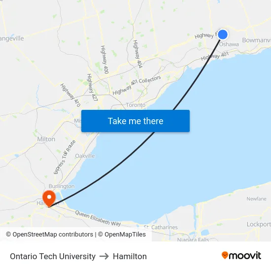 Ontario Tech University to Hamilton map