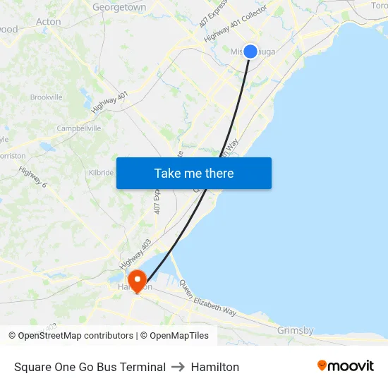 Square One Go Bus Terminal to Hamilton map