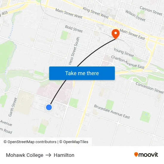 Mohawk College to Hamilton map