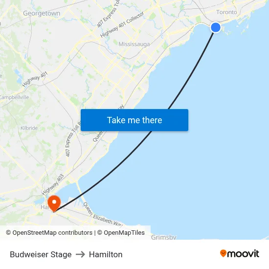 Budweiser Stage to Hamilton map