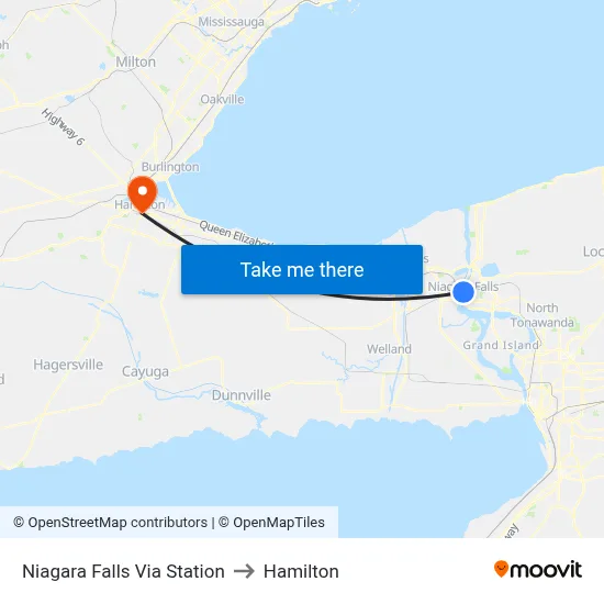Niagara Falls Via Station to Hamilton map
