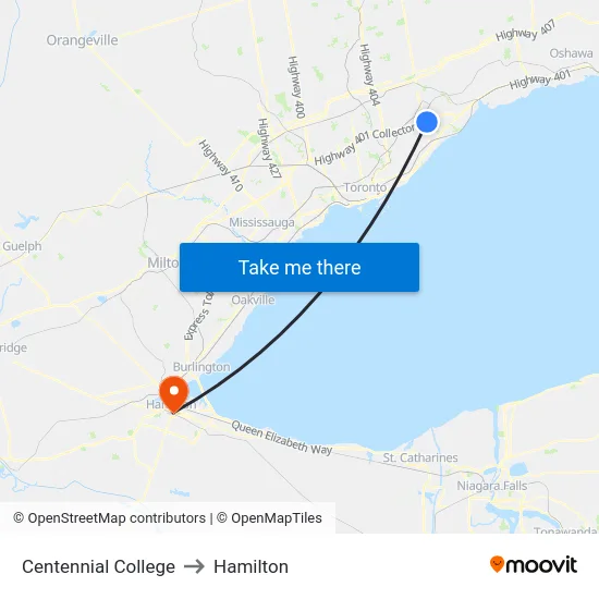 Centennial College to Hamilton map