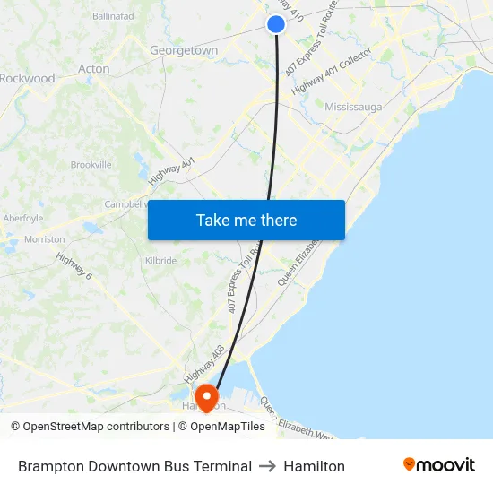 Brampton Downtown Bus Terminal to Hamilton map