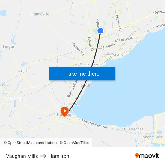 Vaughan Mills to Hamilton map