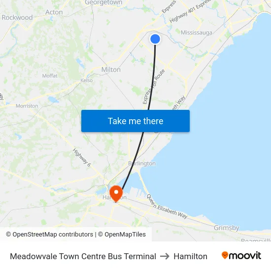 Meadowvale Town Centre Bus Terminal to Hamilton map
