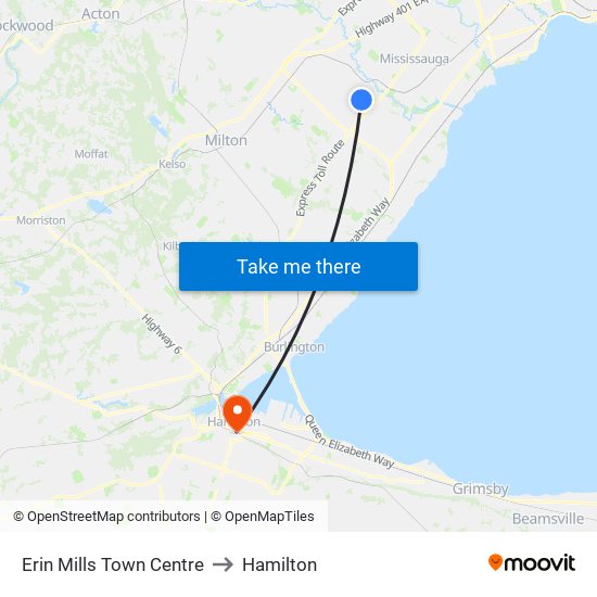 Erin Mills Town Centre to Hamilton map