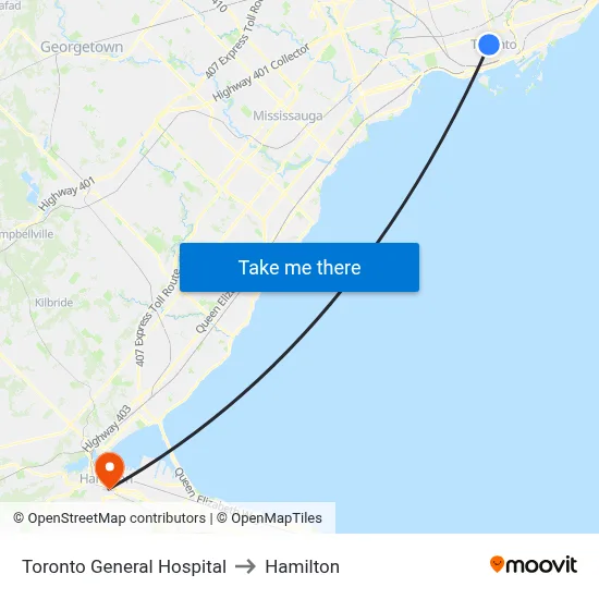 Toronto General Hospital to Hamilton map
