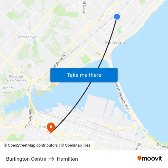 Burlington Centre to Hamilton map