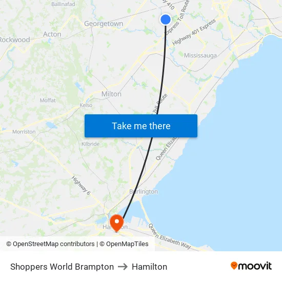 Shoppers World Brampton to Hamilton map