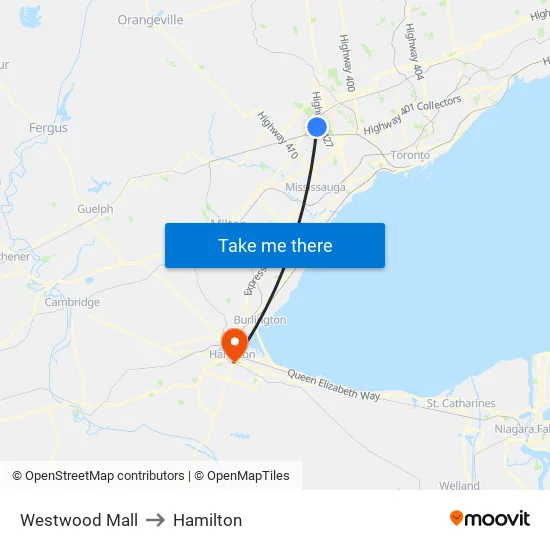 Westwood Mall to Hamilton map