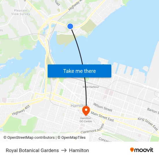 Royal Botanical Gardens to Hamilton map