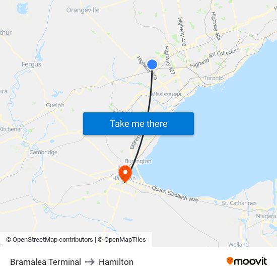Bramalea Terminal to Hamilton map