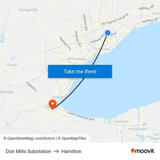 Don Mills Substation to Hamilton map