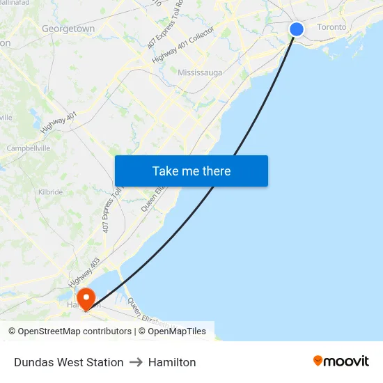 Dundas West Station to Hamilton map