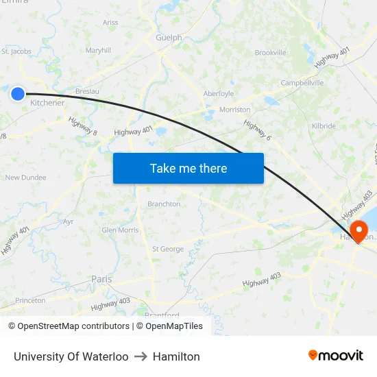 University Of Waterloo to Hamilton map