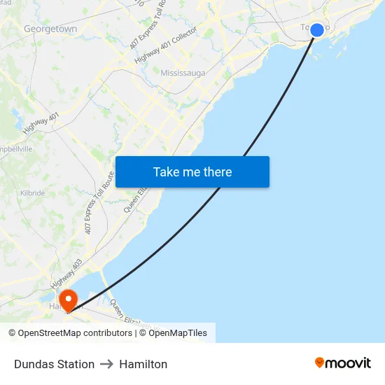 Dundas Station to Hamilton map