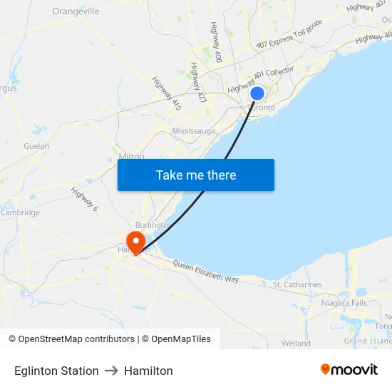 Eglinton Station to Hamilton map