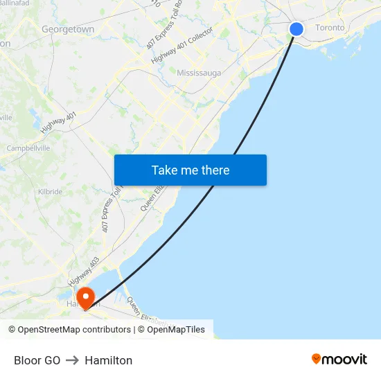 Bloor GO to Hamilton map