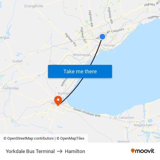 Yorkdale Bus Terminal to Hamilton map