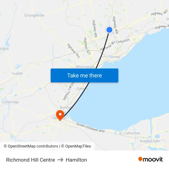 Richmond Hill Centre to Hamilton map