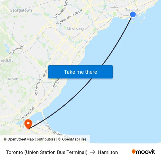 Toronto (Union Station Bus Terminal) to Hamilton map