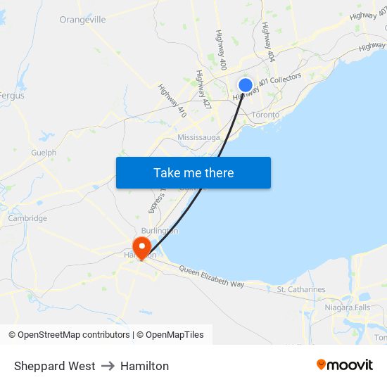 Sheppard West to Hamilton map